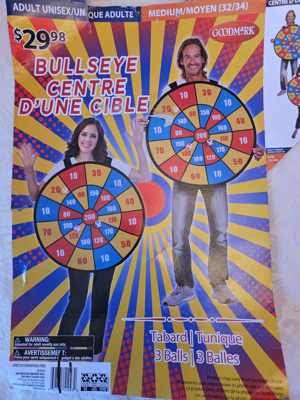 Bullseye Target Costume — Blue, Red, Yellow, 3 Velcro Balls Adult O/S, NWT